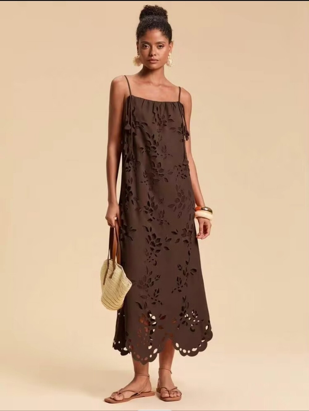 SHEIN Brown Laser-Cut Maxi Slip Dress with Scalloped Hem